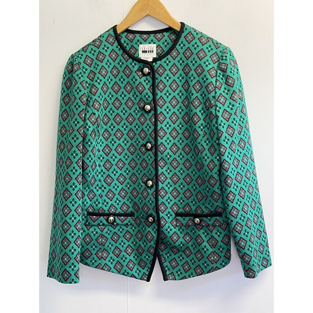 Vintage LESLIE‎ FAY Jacket Size 10 Petite Green Motive Faux Pockets Knit